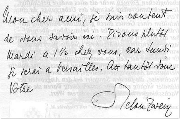 Stefan Zweig's note in French to one of his Parisian Friends